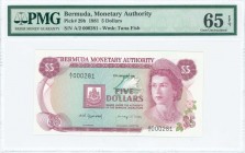 BERMUDA: 5 Dollars (2.1.1981) in red-violet on aqua and multicolor unpt with Queen Elizabeth II at right. Low S/N: "A/2 000281". WMK: Tuna fish. Print...