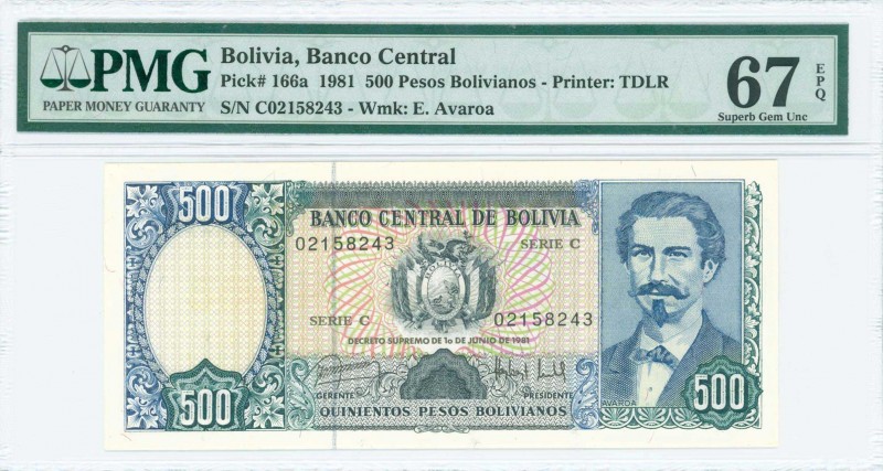 BOLIVIA: 500 Pesos Bolivianos (Law 1.6.1981) in deep blue, blue-green and black ...