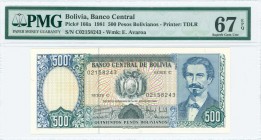 BOLIVIA: 500 Pesos Bolivianos (Law 1.6.1981) in deep blue, blue-green and black on multicolor unpt with Arms at center and portrait of Eduardo Avaroa ...