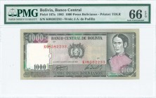 BOLIVIA: 1000 Pesos Bolivianos (Law 25.6.1982) in black on multicolor unpt with Arms at center and portrait of Juana Azurday de Padilla at right. Eigh...
