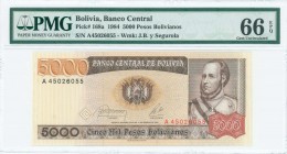 BOLIVIA: 5000 Pesos Bolivianos (Law 10.2.1984) in deep brown on multicolor unpt with Arms at center and portrait of Mariscal Jose Ballivian y Segurola...