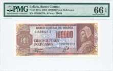 BOLIVIA: 100000 Pesos Bolivianos (Law 5.6.1984) in brown-violet on multicolor unpt with Arms at left and portrait of Campesino at right. S/N: "6156992...
