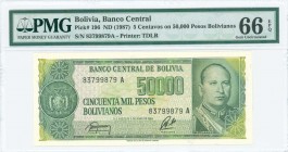 BOLIVIA: 5 Centavos / 50000 Pesos Bolivianos (Law 5.6.1984 - ND 1987) in deep green on multicolor unpt with Arms at left and portrait Gualberto Villar...