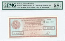 BOLIVIA: 10 Centavos / 100000 Pesos Bolivianos (Law 5.6.1984 - ND 1987) in reddish brown on light blue and light reddish unpt with God Hermes at upper...
