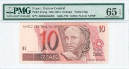 BRAZIL: 10 Reais (ND 1997-) in dark brown, brown-violet and brown-orange on lilac and pale unpt with sculpture head of Republica at center right. S/N:...