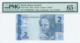 BRAZIL: 2 Reais (2010) in blue and purple with sculpture head of Republica at center right. Turtles on back. S/N: "AA 058287989". WMK: Sea turtle and ...