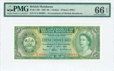 BRITISH HONDURAS: 1 Dollar (1.4.1964) in green on multicolor unpt with Queen Elizabeth II at right and Arms at left. S/N: "G/4 206691". Printed by BWC...