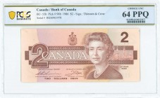 CANADA: 2 Dollars (1986) in brown on multicolor unpt with Queen Elizabeth II at center right. S/N: "BGS 0961478". Signatures by Thiessen and Crow. Pri...