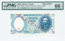 CHILE: Specimen of 50 Pesos (1975) in dark blue and aqua on green and light blue unpt with portrait of Captain Arturo Prat at right. S/N: "A4 0000000 ...