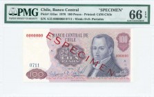 CHILE: Specimen of 100 Pesos (1976) in purple and red-violet on multicolor unpt with Diego Portales at right. S/N: "A15 0000000 0711". Red diagonal ov...