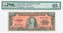 CUBA: 100 Pesos (1959) in black on orange unpt with portrait of Francisco Vicente Aguilera at center. S/N: "B 242823 A". Printed by ABNC. Inside holde...