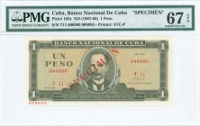 CUBA: Specimen of 1 Pesos (1968) in olive-green on ochre unpt with portrait J Marti at center. S/N: "T11 000000". Red diagonal ovpt "SPECIMEN" at cent...