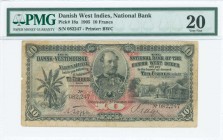 DANISH WEST INDIES: 10 Francs (1905) in black and red with portrait of King Christian IX at upper center, palm tree at left and village scene at right...