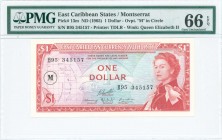 EAST CARIBBEAN STATES / MONTSERRAT: 1 Dollar (ND 1965) in red on multicolor unpt with fish at center, map at left, Queen Elizabeth II at right. S/N: "...