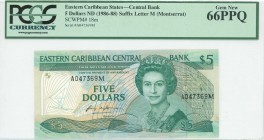 EAST CARIBBEAN STATES / MONTSERRAT: 5 Dollars (ND 1986-1988) in deep green on multicolor unpt with Queen Elizabeth II at center right. S/N: "A 047369 ...