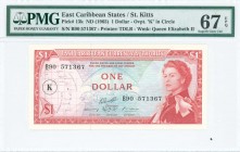 EAST CARIBBEAN STATES / ST KITTS: 1 Dollar (ND 1965) in red on multicolor unpt with fish at center, map at left, Queen Elizabeth II at right. S/N: "B9...