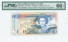 EAST CARIBBEAN STATES / ST KITTS: 10 Dollars (ND 1994) in dark blue, black and red on multicolor unpt with Queen Elizabeth II at center right. S/N: "B...