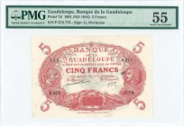 GUADELOUPE: 5 Francs (Law 1901 - ND 1944) in red with man at left and woman at right. S/N: "P.273 775". Signature by Devineau. Inside holder by PMG "A...
