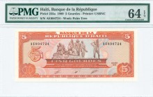 HAITI: 5 Gourdes (1989) in orange and brown on multicolor unpt with statue of Combat de Vertieres at upper center. S/N: "AE 894724". WMK: Palm tree. P...
