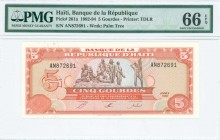 HAITI: 5 Gourdes (1992) in orange and brown on multicolor unpt with statue of Combat de Vertieres at upper center. S/N: "AN 872691". WMK: Palm tree. P...