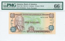 JAMAICA: 5 Dollars (1.8.1992) in dark brown, green and blue-gray on multicolor unpt with Norman Manley at left and Arms at bottom center. S/N: "CW 761...