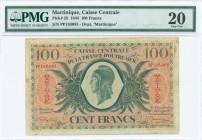 MARTINIQUE: 100 Francs (Law 2.2.1944) in green on orange unpt with head of Marianne at center. S/N: "PP 193083". English printing (without imprint). I...