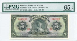 MEXICO: 5 Pesos (22.7.1970) in black on multicolor unpt with portrait of gypsy at center. S/N: "BIH D442602". Printed by ABNC. Inside holder by PMG "G...