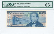 MEXICO: 50 Pesos (27.1.1981) in blue on multicolor unpt with governments palace at left and Benito Juarez at right. S/N: "LT T9223745". Printed by BdM...