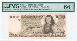 MEXICO: 1000 Pesos (27.1.1981) in dark brown and brown on multicolor unpt with Juana de Asbaje at center right. S/N: "QA B8H03161". Engraved buildings...