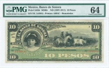 MEXICO: Remainder of 10 Pesos (ND 1897-1911) of Banco de Sonora in black on green and yellow unpt with portrait of Hortensia C Velez at left, cowboys ...