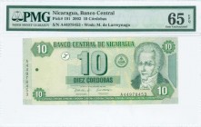NICARAGUA: 10 Cordobas (10.4.2002) in green on blue and multicolor unpt with Miduel de Larreynaga at right. S/N: "A 44978453". WMK: Miguel de Larreyna...