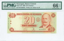 NICARAGUA: 20 Cordobas (10.3.2006) in orange and brown on light green unpt with Jose Santos Zelaya at right. S/N: "B 13703461". WMK: Zelaya and value ...