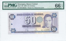 NICARAGUA: 50 Cordobas (10.3.2006) in purple on yellow unpt with Pedro Joaquin Chamorro at right. S/N: "B 01469294". WMK: Chamorro and value "50". Ins...