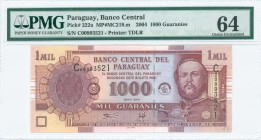 PARAGUAY: 1000 Guaranies (2004) in purple on multicolor unpt with Mariscal Francisco Solano Lopez at right. S/N: "C 00993521". Printed by (T)DLR. Insi...