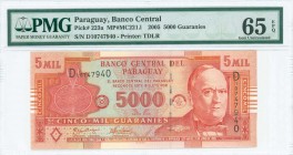 PARAGUAY: 5000 Guaranies (2005) in red-orange on multicolor unpt with Don Carlos Antonio Lopez at right. S/N: "D 10747940". Printed by (T)DLR. Inside ...