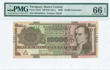 PARAGUAY: 10000 Guaranies (2005) in brown on multicolor unpt with Dr Jose Gaspar Rodriguez de Francia at right. S/N: "D 04735217". Printed by (T)DLR. ...