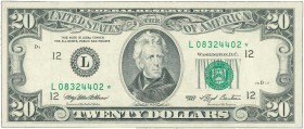 USA: Replacement of 20 Dollars (1993 Series) with Andrew Jackson at center. S/N: "L08324402*". Pressed. (Pick 493). Extra Fine.