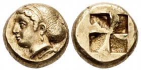 Ionia. Phokaia. Hekte. 477-388 BC. (Bodenstedt-93 var). Anv.: Female head left, hair bound in netted saccos and sphendone; seal swimming right below. ...