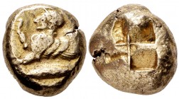Mysia. Kyzikos. Stater. 550-500 BC. (Sng France-198). (Von Fritze-71). (Boston MFA-1427=Warren 1525). Anv.: Forepart of Sphinx left; below, tunny left...