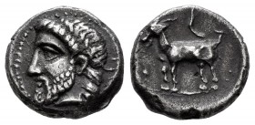 Thessaly – Boeotia. Pharos on the Island of Pharos. Drachm. 350 BC. (Jameson-2048, without legend). Anv.: Laureate head of Zeus to left, in archaic st...