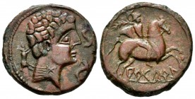 Arketurki. Unit. 120-80 BC. La Seo de Urgel (Lleida). (Abh-78). (Acip-1286). Anv.: Male head right, before two dolphins, behind wild boar. Rev.: Horse...