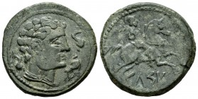 Kelse-Celsa. Unit. 120-50 BC. Velilla de Ebro (Zaragoza). (Abh-771). (Acip-1483). Anv.: Male head right between two dolphins. Rev.: Horseman with palm...