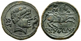 Konterbia Belaiska. Unit. 120-80 BC. Botorrita (Zaragoza). (Abh-861). (Acip-1595). Anv.: Male head right, before dolphin, behind it Iberian letters BE...