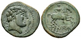 Tabaniu. Unit. 120-20 BC. Area of Aragon. (Abh-885, with spear). (Acip-1606, with spear). Anv.: Male head right, before dolphin, behind TABA. Rev.: Ho...