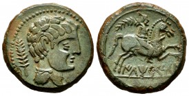 Iltirkesken. Unit. 200-180 BC. Area of Solsona. (Abh-1448). Anv.: Male head right, behind palm. Rev.: Horseman with palm right, below ILTIRKESKEN. Ae....