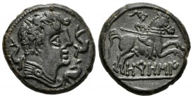 Orosis. Unit. 120-20 BC. Zona media del Ebro. (Abh-1908). (Acip-1509). Anv.: Male head right flanked by three dolphins. Rev.: Horseman with lance on t...