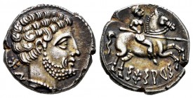 Sesars. Denarius. 120-20 BC. Area of Aragon. (Abh-2194). (Acip-1401). Anv.: Bearded head right, iberian letter BON behind. Rev.: Horseman right, holdi...