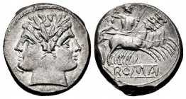 Anonymous. Didrachm - quadrigatus. 225-212 BC. Rome. (Craw-28/3). Anv.: Laureate head of Janus. Rev.: Jupiter, holding sceptre and brandishing thunder...