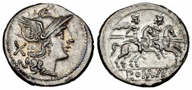 Anonymous. Denarius. 211 BC. South of Italy. (Ffc-7). (Craw-53/2). (Cal-1). Anv.: Head of Roma right, X behind. Rev.: The Dioscuri riding right, stars...