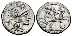 Anonymous. Denarius. 143 BC. Rome. (Ffc-82). (Craw-222/1). (Rsc-57). Anv.: Head of Roma right, X behind. Rev.: Diana holding whip in biga of stags rig...